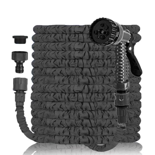 50 Ft Expandable Garden Hose, Lightweight Pipe Anti-Leakage Expanding Stretch Small Water Reels Hose Including 7 Adjustable Function Spray Nozzle for Car Wash Cleaning Watering Home Lawn(Black)