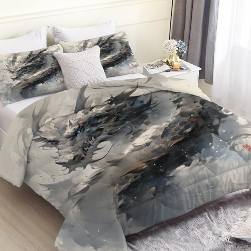 FamHarbor Juego de edredón individual con estampado de dragón, 7,5 tog, juego de edredón reversible sin funda, suave y cómodo para todas las estaciones (135 x 200 cm) con 2 fundas de almohada B296