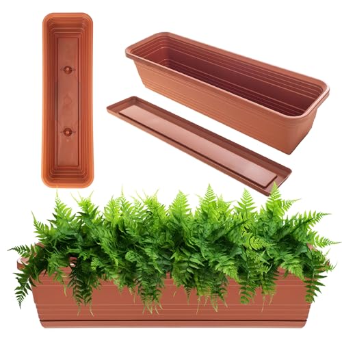 KADAX Fioriera con sottovaso in set, con o senza supporti per fioriere, vaso da balcone in plastica, vaso da giardino, fioriera per ringhiera, vaso (Rosso mattone, 60cm)