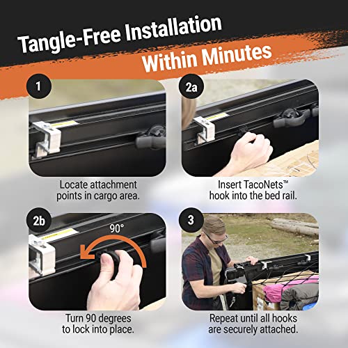 Taconets Toyota Tacoma Long Bed Cargo Net - Bungee Net Accessories For Pickup Trucks - Bed Rail Integration For 2005-2023 Tacomas: 3'X5' Stretch Cargo Net, 16 Rail Hooks, 4 Carabiners, Storage Bag #TOP5