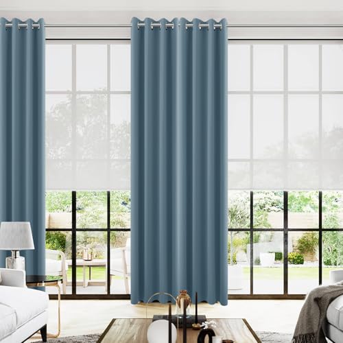 Image of KOUFALL Blue Blackout Curtains 96 Inches Long for Living Room,Grommet Thermal Room Darkening Curtain for Bedroom 96 in Length 2 Panel Set,Dusty Grey Blue
