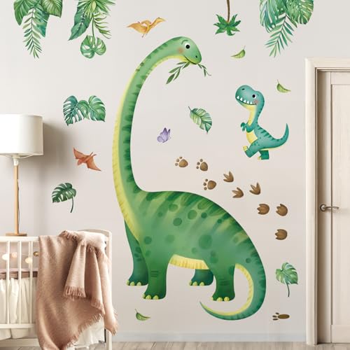 decalmile Adesivi Murali Dinosauro Grandi Adesivi da Parete Dino Foglie Verde Tropicali Palme Decorazione Murale Camera Ragazzi Camera Bambini Asilo Nido(H:130cm)