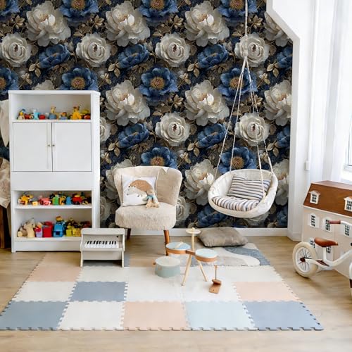Cotevdkot Peel and Stick Wallpaper - Luxury Retro Dark Backdrop with White-Blue Peony & Gold Accent, Removable Self-Adhesive Mural for Living Room & Bedroom Wall Decor, 17.7x118 Inch by Cotevdkot - Used condition - Image 7