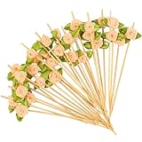 100pcs Pink Rose Flower Cocktail Picks 4.7 Inch, Valentine Decorations Toothpicks for Appetizers Bamboo Fruit Skewers Food Picks for Wedding Valentine Holiday Party Decoration (Pink)