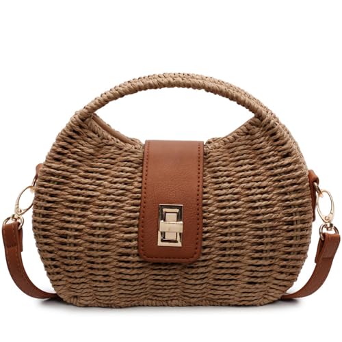 Small Top Handle Beach Handbag for Women Rattan Woven Purse Crossbody Shoulder Boho Bag Satchel for Summer Vacation