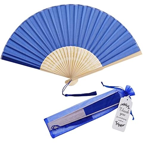 SL crafts 50 sets Imitated Silk Hand Fan with Tassel and Organza Bags and Thank you tags Fabric Folding Hand Fans Bamboo Folded Handheld Fan Wedding Fan Bridal Dancing Props Party Favors (Royal Blue) Cover