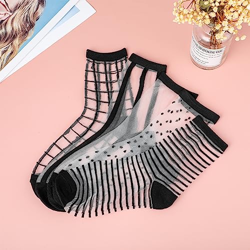Lusofie 5 Pairs Sheer Black See-Through Socks - Checkered Dot Striped Plaid Ankle Summer Socks for Women - Thin Fashion4