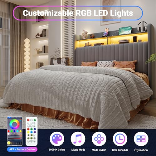 Image of Allewie Full Size Lift Up Storage LED Bed Frame, Charging Station, Grey