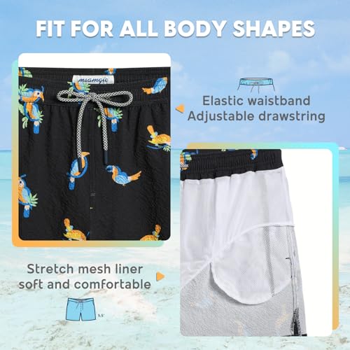 maamgic Men's Swim Trunks 5.5 inch Seersucker Beach Shorts Quick Dry Bathing Suits with Mesh Liner Black Parrot XX-Large4