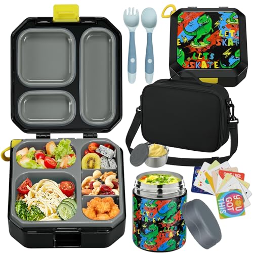 Image of wiwens Bento Lunch Box for Kids with 12oz Soup Thermo Leak-Proof Lunch Food Container with 5 Compartment Thermo Hot Food Jar and Insulated Lunch Bag for Kid Toddler Girls Boys to School