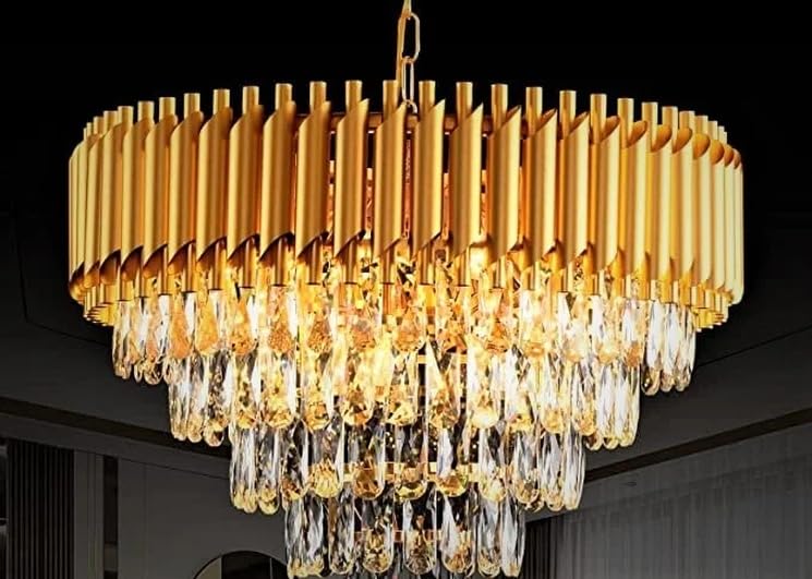 Image of Modern 4-Tiers Crystal Pendant Light Golden Round Ceiling Light Fixture (Antique, 500mm), 3 Colors Led Plate Included Warm White, Natural Light, Golden Chandelier Light (L-50*B-50*H-75 Cm) F