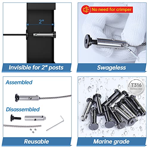 Muzata 10Pairs Black Invisible Cable Railing Kit 1/8" Swageless Tensioner And Terminal Flat Head Hidden For 2"X2" Metal Post Deck Stairs Niceview System For 10 Cable Runs Cb05,Cv2 Cl1 #TOP2