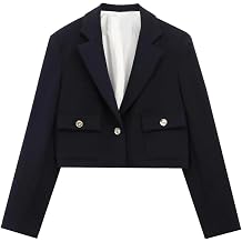 Women's Notched Lapel Long Sleeve Shoulder Pad Cropped Blazer Pocket Decoration Casual Jacket