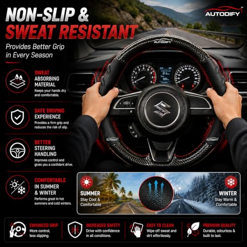 Image of Stitchable Carbon Fiber Steering Wheel Cover for Car - Leather Anti-Slip Grip, Universal Fit, Durable & Breathable Steering Wheel Protector, Easy Hand Stitch Install (Black with Red Stitch)