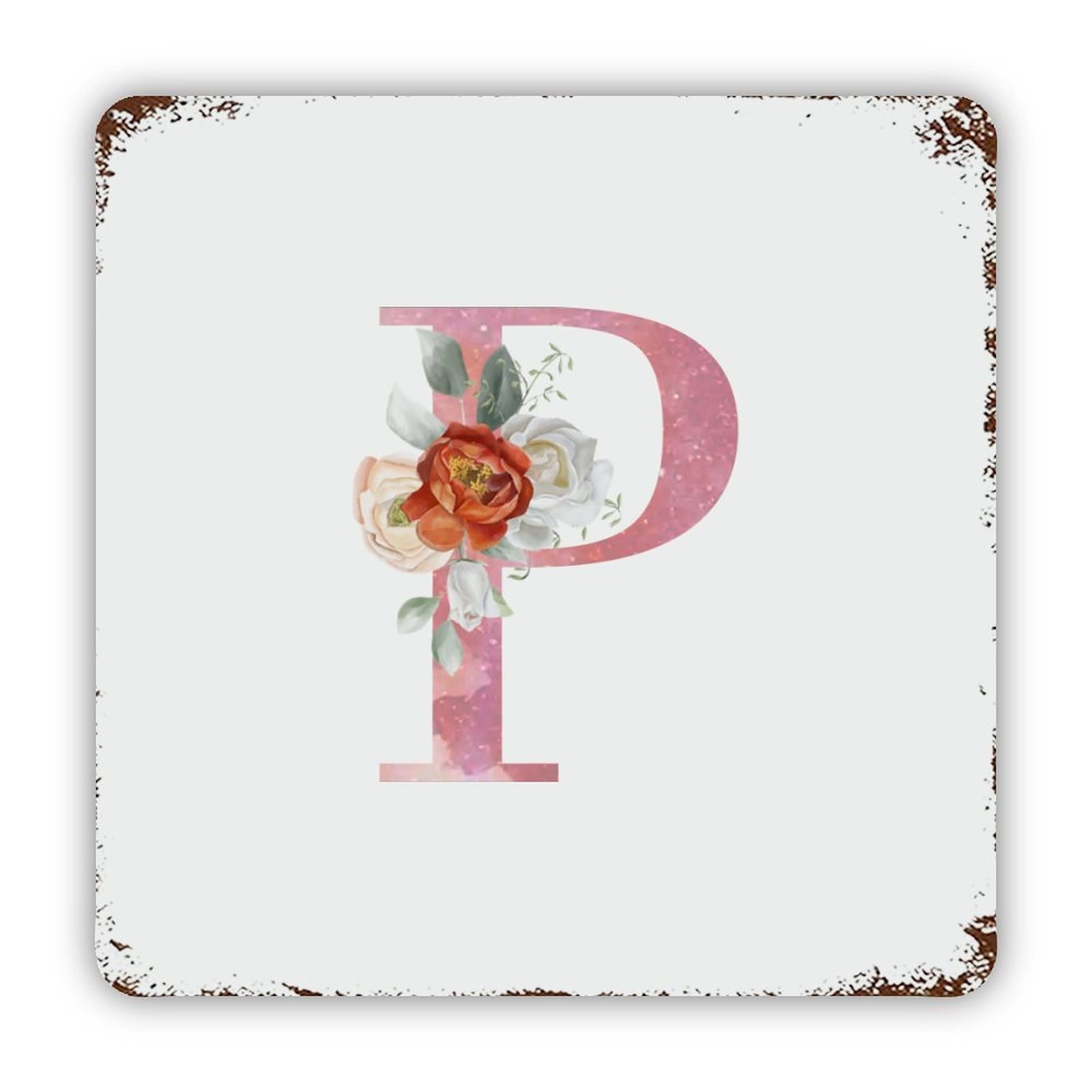ENEDNATE Pink Initial Letter P Alphabet Monogram White Rose Aluminum Tin Metal Sign for Indoor Outdoor Business Retail Store Patio Yard Home Decoration Easy to Mount Wall Art Print Poster 12x12 Inch