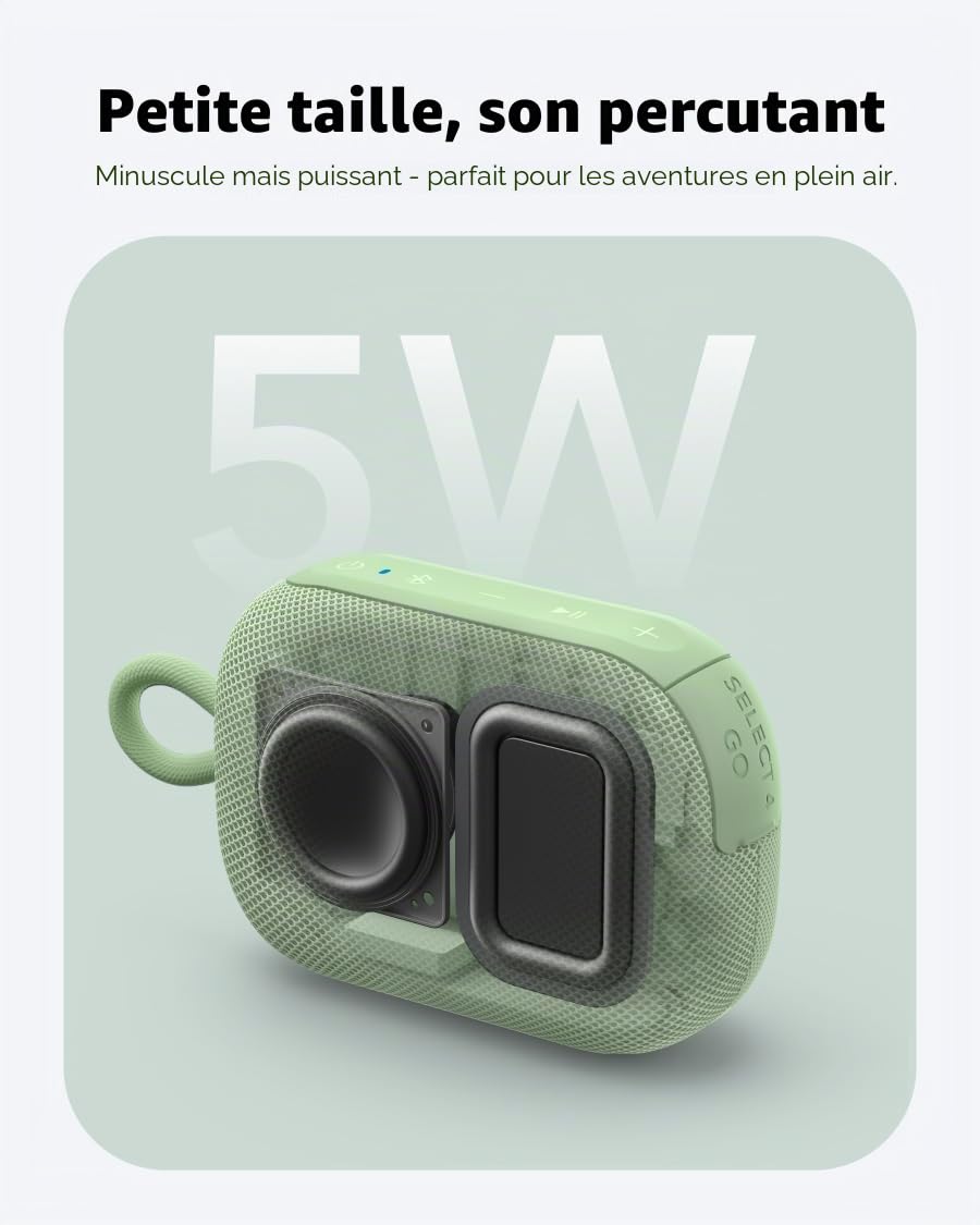 Soundcore Select 4 Go Enceinte Bluetooth Ultra Portable, Enceinte de Douche, 20h, IP67, Flottante, Son Puissant de 5W, Mini Enceinte Bluetooth Portable, pour intérieur, extérieur, randonnée et vélo