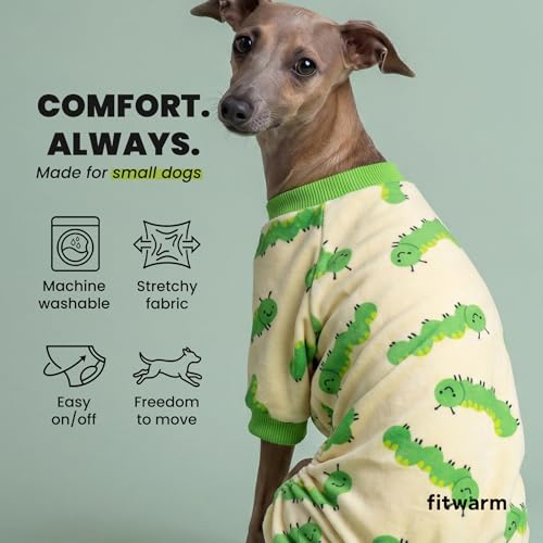 Image of Fitwarm Caterpillar Dog Fleece Pajamas, Cozy Clothes for Small Dogs Boy Girl, Funny Pet Onesie, Beige, Green, XS