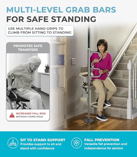 Image of Stander Wonder Pole Plus with Rotating Double Grab Bar, Tension Mounted Security Pole for Seniors & Elderly Adults, No-Drill Floor to Ceiling Transfer Pole for Home & Bath Safety, Graphite