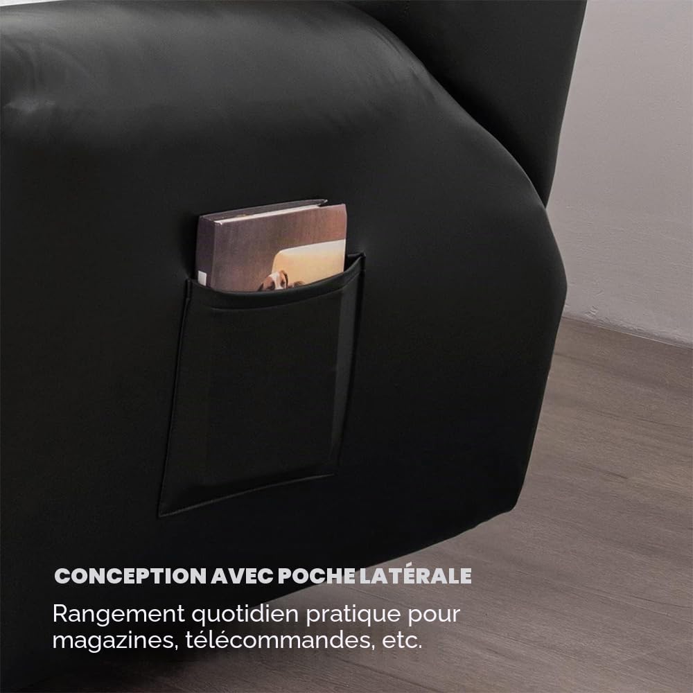 FANSU Housse de Fauteuil Relax Extensible 2 Places, Cuir PU Housse de Fauteuil Relax Inclinable Electrique avec Poche, 6 Pièce Protege de Meubles pour Canapé (2 Places,Noir)