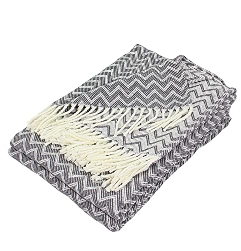 Moon Luxury Decke aus Baumwollmischung ca. 130x170 Kuscheldecke Zick-Zack Muster Tagesdecke mit Fransen leicht & kuschelig (weiß/anthrazit)