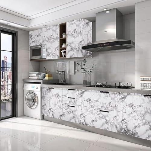 Image of Self Adhesive Marble Wallpaper Kitchen Oil Proof & Waterproof Wallpaper for Cabinet Makeover, Almirah, Plastic & Tabletop, Wardrobe (60x200cm) (White Marble Dark)