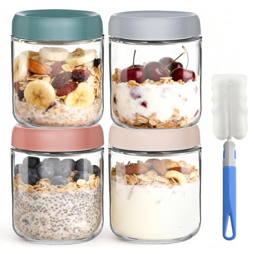 Novaridor 4 Pack Tarros de Avena Nocturna 480ml, Tarros de Vidrio Reutilizables, Tarros de Cristal con Tapa, Mason jar, Frascos de Vidrio, Botes Cocina Almacenaje para Yogur, Cereales, Gachas