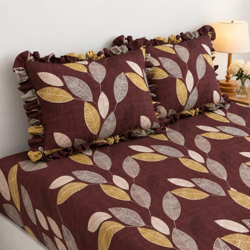 Image of 350 TC Premium Heavy Cotton Feel Elastic Fitted Bedsheet King Size with 2 Frill Pillow Covers King Size || Double Bed with All Around Elastic (Multi Frill, Queen)