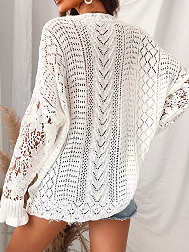 Cupshe Womens Long Sleeve Solid Fall Winter Casual Knit Floral Lace Pullover Sweater White #TOP3
