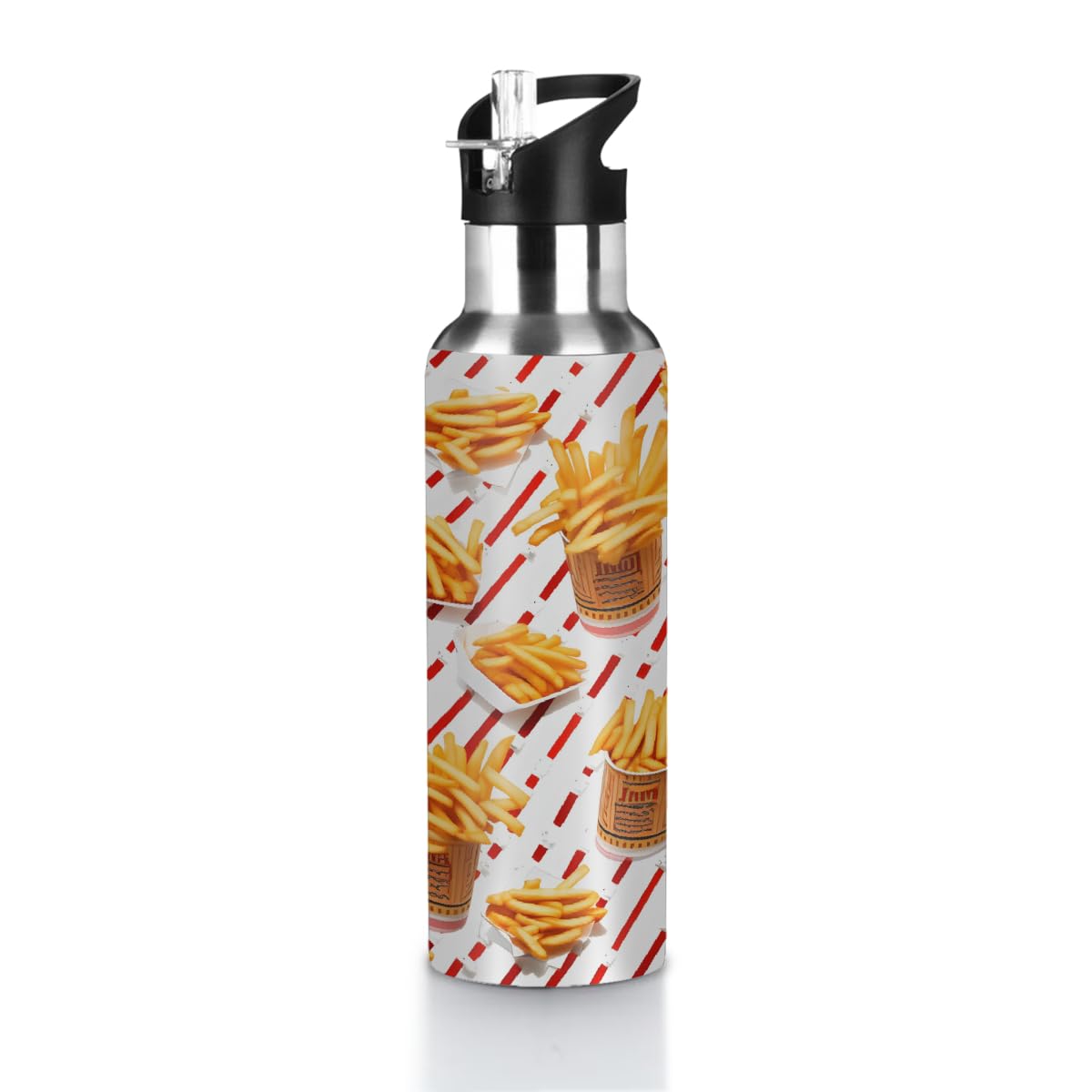 VQUVQV 600ml Water Bottle Stainless Steel Sports Drinks Bottle with Straw Lid, French Fries Pattern Insulated Bottles Vacuum Flask for Running Cycling Hiking