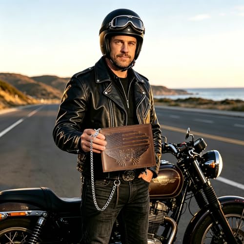 Image of boshiho Men's Wallet With Chain - Distressed Genuine Leather RFID Blocking Biker Wallet with 12 Card Slots & Anti-Theft Chain - Gift for Harley Riders, Dad, Husband (Vintage Cowhide)