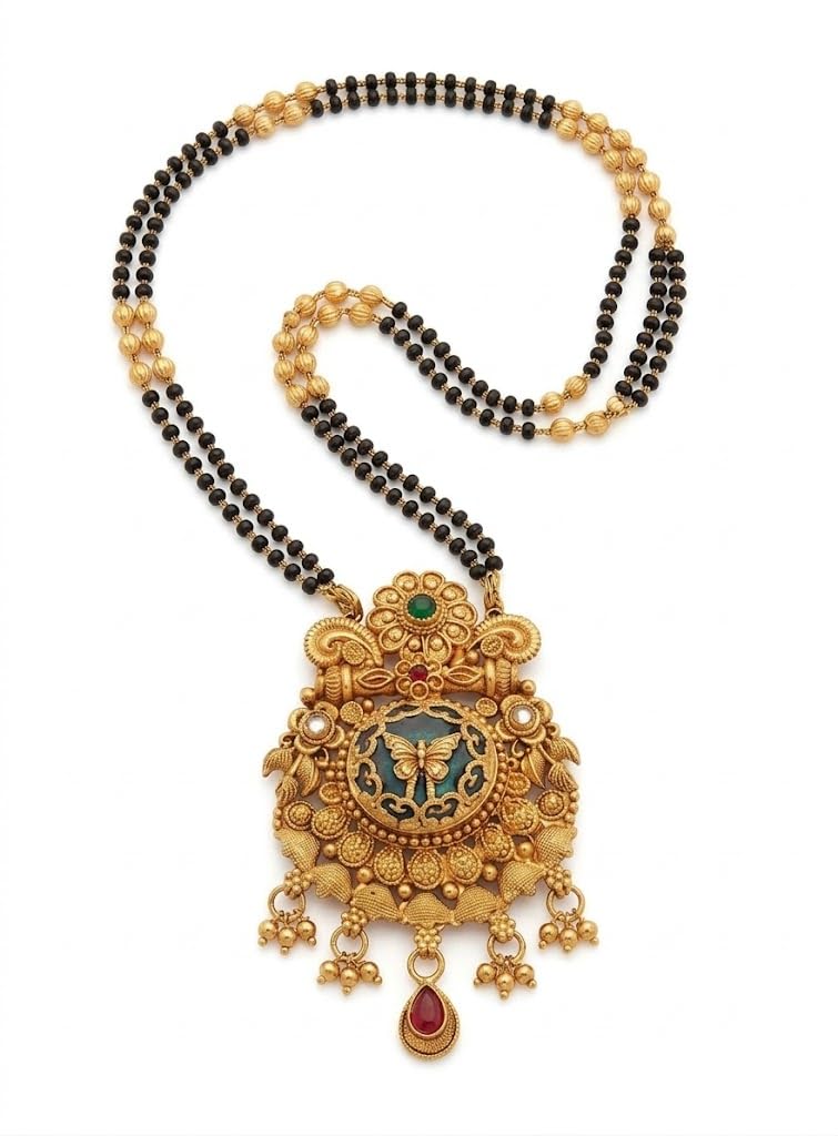 Traditional Gold Plated Long Mangalsutra for Women Ethnic Handcrafted Temple Jewelry Featuring Floral Butterfly Pendant with Black Beads Chain and Ruby Emerald Accents