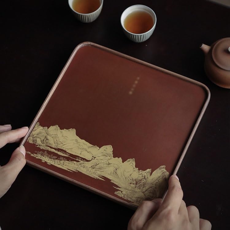 eexbz Tray Copper Colored Tea Tray Qianli Jiangshan Tray Walnut Dry Tea Tray for One Person Small Tea Table Dining Tray Serving Trays(B,Small)