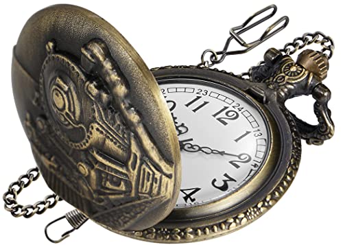 Realpoo Quartz Left Locomotive Bronze Pocket Watch for Men, Arabic Numerals White Dial, with Chain
