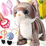 Grey Robotic Cat Toy for Kids Remote Control Walking Kitten for Girls with Leash Electronic Pet Set That Meow and Purrs Animated Robot Kitty Interactive Plush for Toddlers Baby