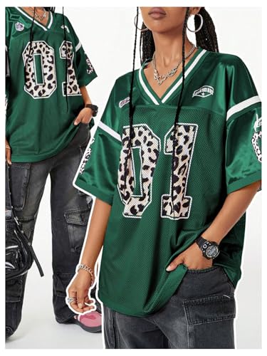 Verdusa Women's Y2k Jersey Shirt Baggy Shirt Oversized Tshirts Leopard Print V Neck Tshirt Tops4