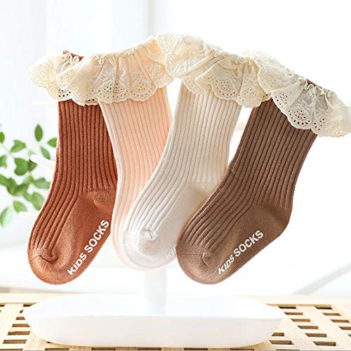 Image of 4-Pack Baby Girls Knee High Socks Infants Toddlers Bow Knit Socks Cotton Tube Ruffled Stockings