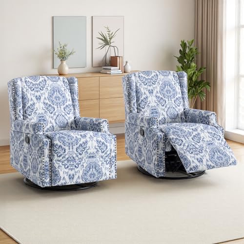 Image of Swivel Rocker Recliner Chairs Set of 2, 360 Swivel Wingback Recliner Chairs for Adults, Upholstered Printed Fabric Glider Rocking Chair with High Back, Deep Seat for Living Romm Bedroom, Navy