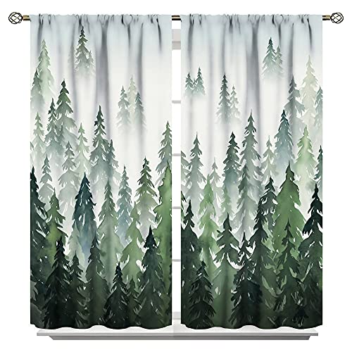 Image of Exclusive Home Curtains Green Watercolor Forest Tree Silhouette Lightweight Curtain 55x63inch(140x160cm)