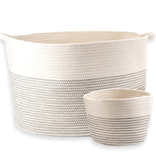 Little Hippo 2pc XXXL Large Cotton Rope Basket (22"x14") 100% Natural Cotton! Woven Storage Basket, Large Basket, Blanket Basket Living Room, Toy Basket, Pillow Basket, Round Basket (White)