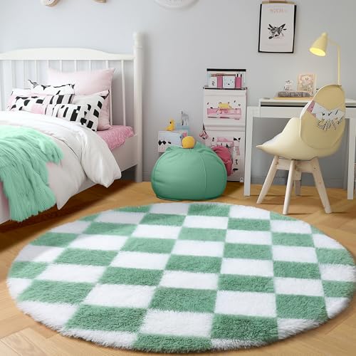 Image of KICMOR Round Rug 4ft for Bedroom, Fluffy Soft Circle Area Rug Cute Small Living Room Carpet, Sage Green and White Fuzzy Shag Shaggy Checkered Circular Rugs for Kids Room Nursery Home Decor Aesthetic