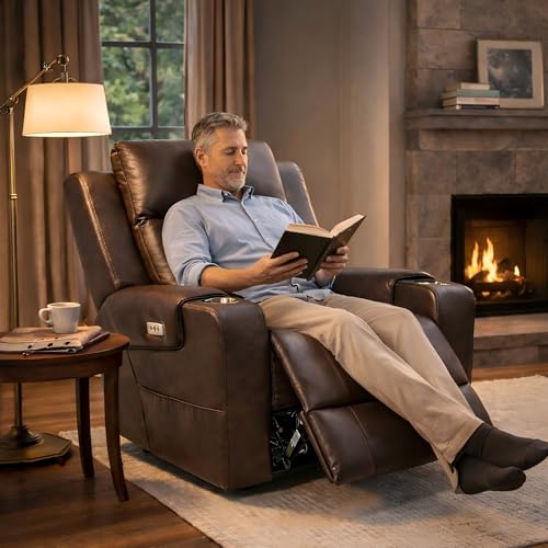 FLEXISPOT Truffle Genuine Leather Power Recliner w/ 1.2" Wall-Hugger Clearance, Electric Zero-Wall RV Recliner w/Adjustable Headrest, Massage & Heat, Home Theater Sofa, FSC-Certified, Chocolate - Image 4