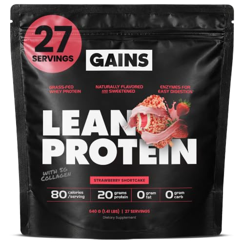 Gains in Bulk Lean Grass Fed Whey Protein Powder With Collagen Peptides, Gluten Free, 20 G Protein & 5 G Collagen, Plant Enzymes to Support Digestion, Natural Flavor, Strawberry Shortcake, 27 Servings