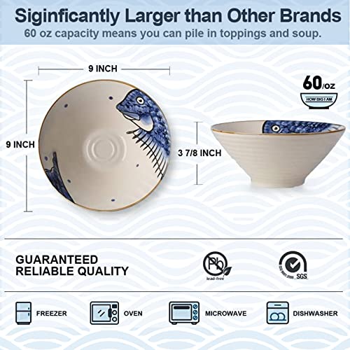 Njcharms Ceramic Japanese Ramen Noodle Soup Bowl, 2 Sets (6 Piece) 60 Ounce Ramen Bowls, With Spoons And Chopsticks For Udon, Pho, Asian Noodles, Ramen Noodles Bowl, Blue #TOP4