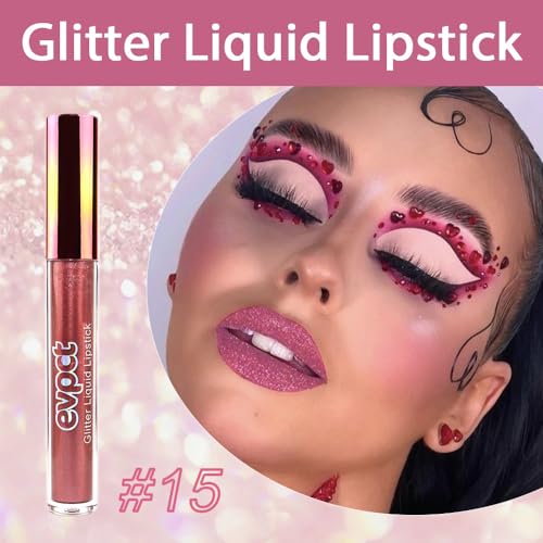 Image of evpct 1Pcs Plum Red Glitter Metallic Shimmer Diamond Lipstick Lip Gloss Stain Set for Women Long Lasting Waterproof, Mauve Red Sparkle Glitter Matte long Wear Liquid Lipstick Lip Makeup Kit, 15#