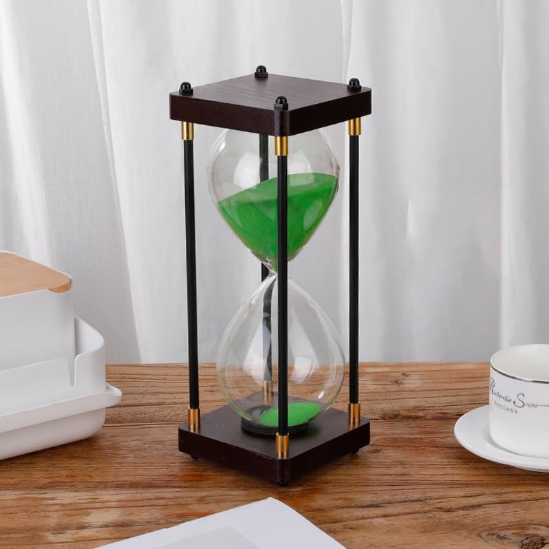 Aartner transparent Hourglass Timer 60 Minutes, Metal Wooden Frame Decorative Hourglass Black Sand, Home & Kids Room Large Gift for Adults and Kids (Green)