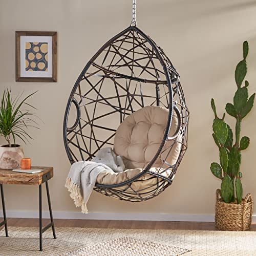Image of Christopher Knight Home Isaiah Indoor /Outdoor Wicker Tear Drop Hanging Chair (Stand Not Included), Multi-Brown and Tan