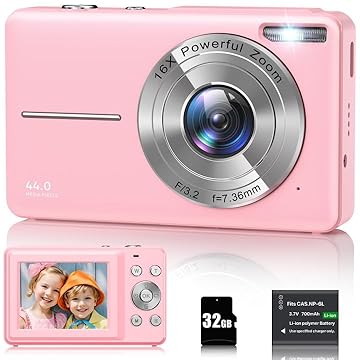 Macchina Fotocamera Digitale 1080P Fotocamera 44MP Fotocamera Digitale Compatta con Zoom Digitale 16X, Schermo LCD da 2,4", Scheda di Memoria da 32G, 1 Batteria per Bambini, Adolescenti, Principianti