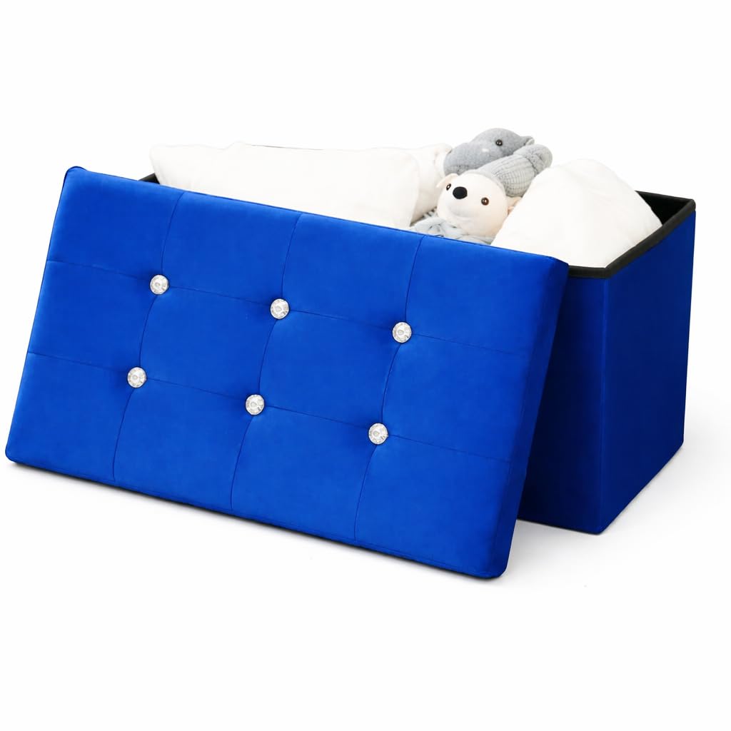 Ottoman Storage Box – Folding Pouffe Bench Seat, Toy Box & Footstool with Padded Lid, Space-Saving Storage Chest (76cm) (Blue)