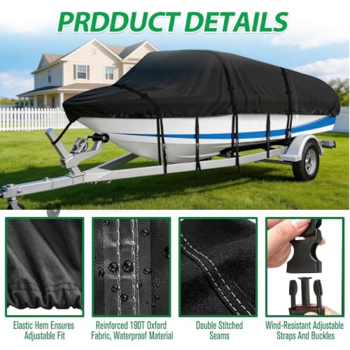 Lilvduybz Boat Cover for 16 FT-18.5 FT V-Hull Fishing Boats, Heavy Duty Oxford Marine Boat Cover, Waterproof Trailerable Boat Cover with Elastic Hem & Storage Bag, All-Weather Protection, Black by Lilvduybz - Image 2
