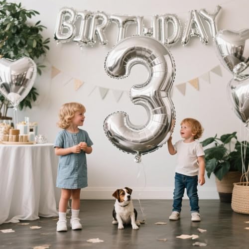 Image of Number Balloons 4 Balloon Silver for 4th Birthday Party Decoration, 40 inch | Saturated Color, Large 40 inch, With Straw & Hanging Hole, For Back-To-School Season, Anniversary, Christmas, New Year